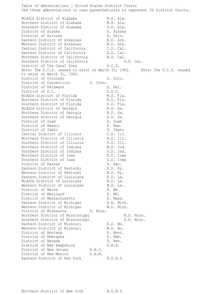 List of Federal District Court Abbreviations Maryland United States