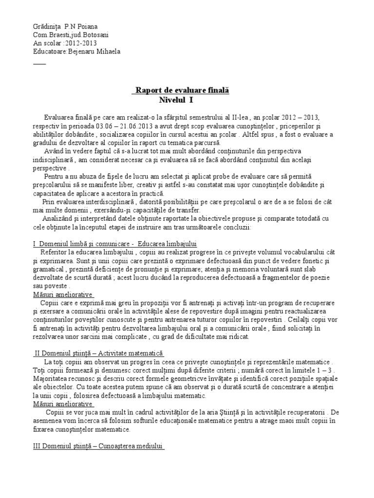 Raport De Autoevaluare Educatoare 2019