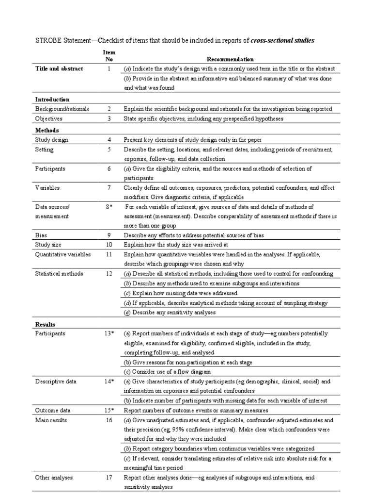 STROBE Checklist Crosssectional Confounding Statistics