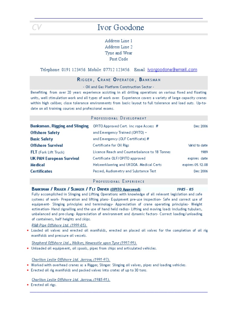 Rigger and Crane Operator CV Sample | PDF | Crane (Machine) | Offshore ...