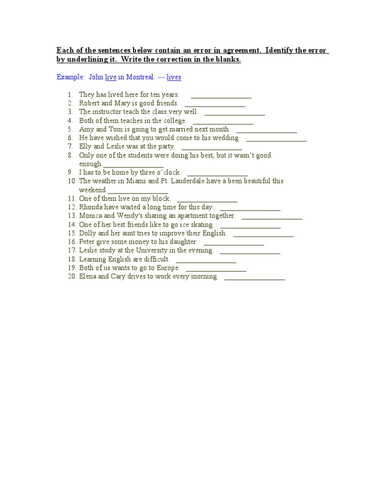 Each of The Sentences Below Contain An Error in Agreement. Identify The ...