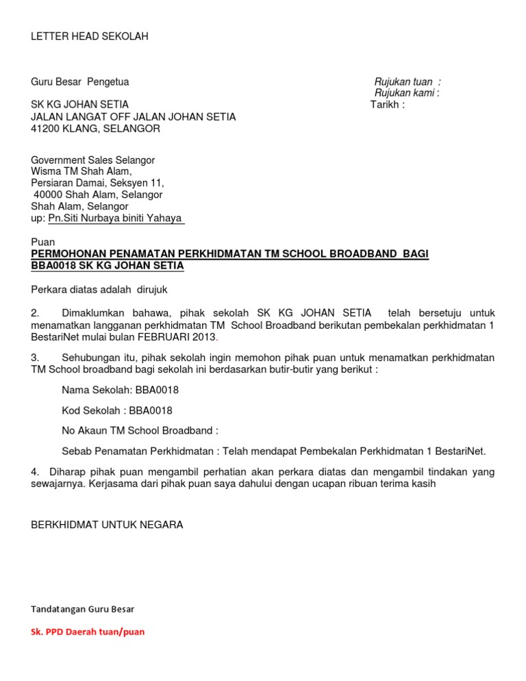 Contoh Surat Penamatan Tm Unifi