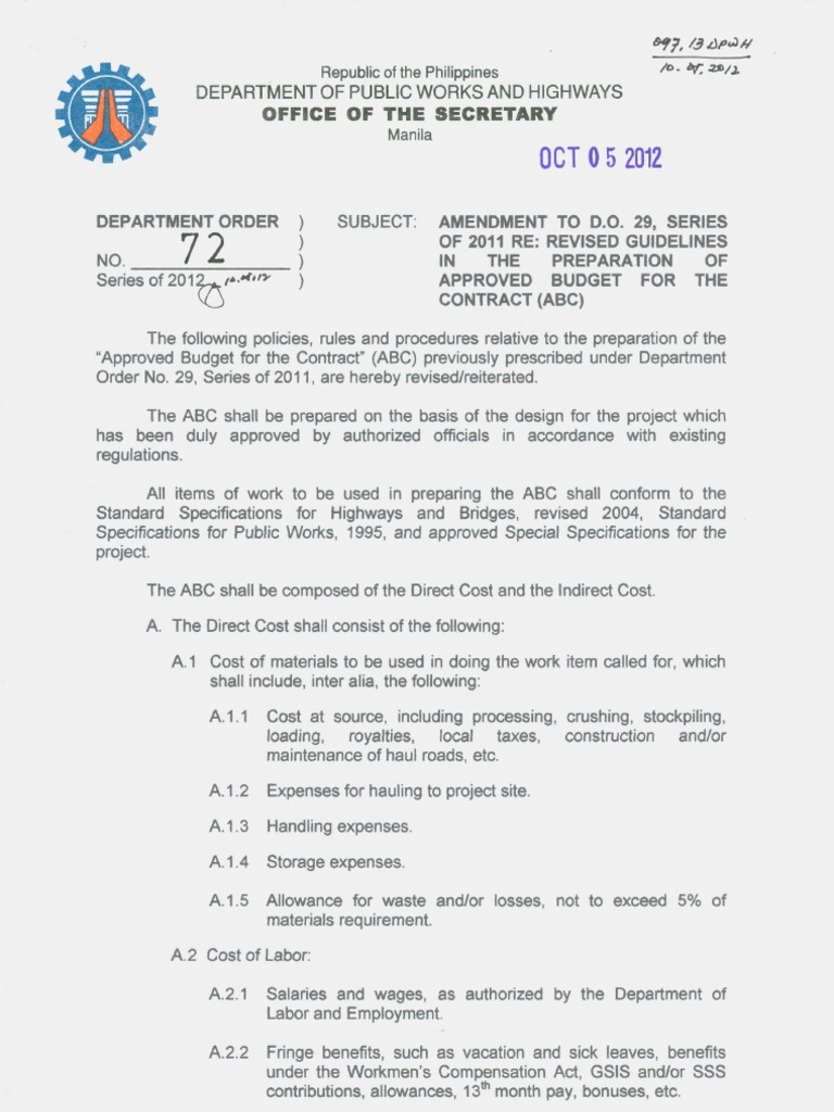 Dpwh Department Order 72 Series Of 12 Abc Insurance Employee Benefits