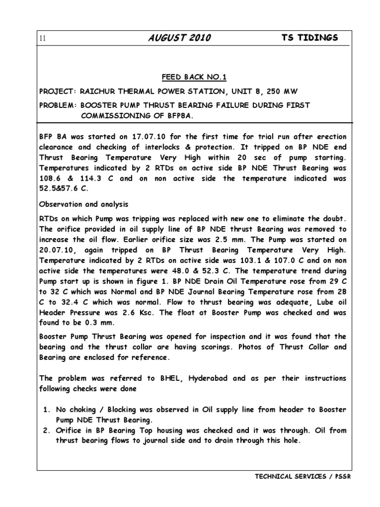Booster Pump Thrust Bearing Failure AUG10 PDF Bearing (Mechanical