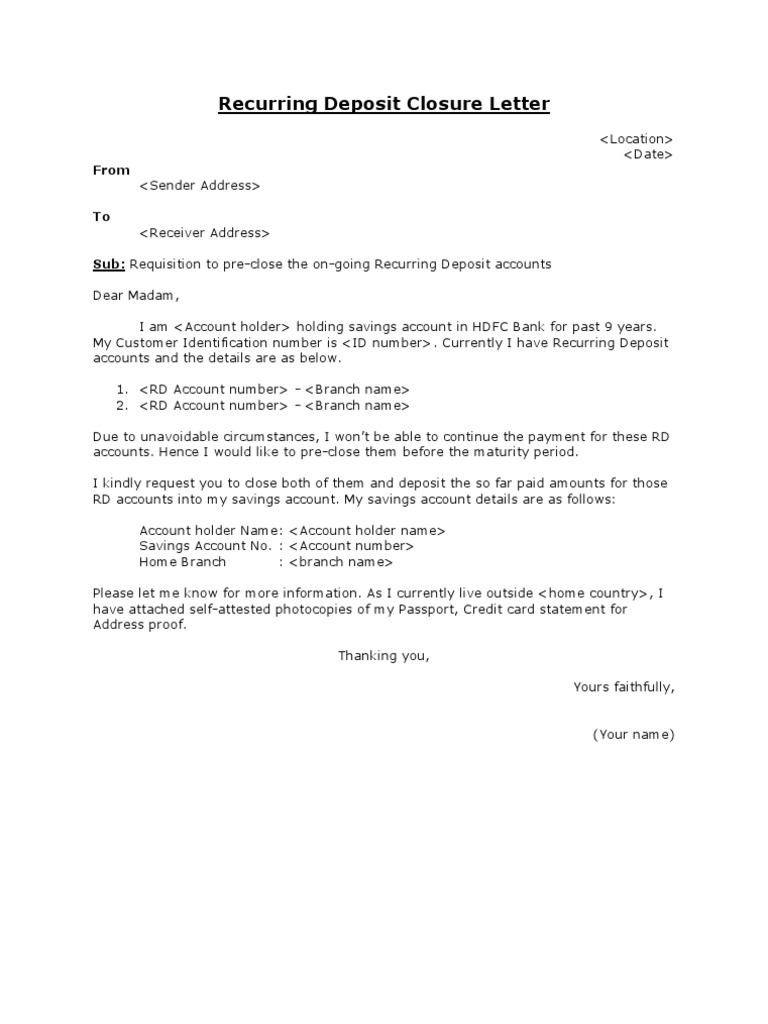 Recurring Deposit Closure Letter Deposit Account Payments