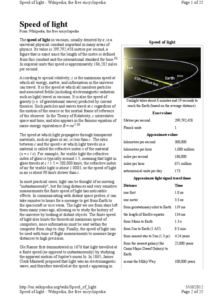 Speed of Light - Wikipedia | Speed Of Light | Astronomical Unit | Free
