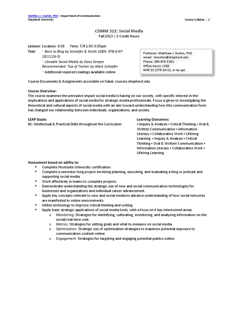 Social Media Syllabus Fall 2013 PDF Plagiarism Communication