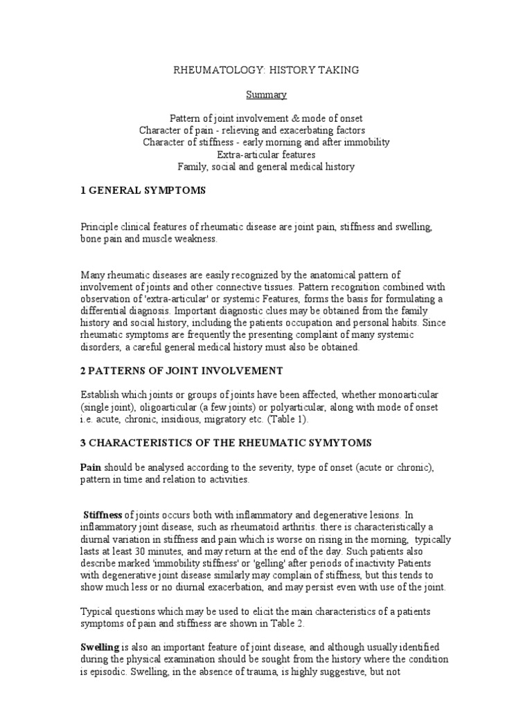 Rheumatology History Taking Notes | PDF | Arthritis | Back Pain