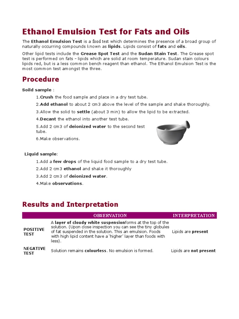 👍 Ethanol emulsion test for fats. Essay on Experiment write up