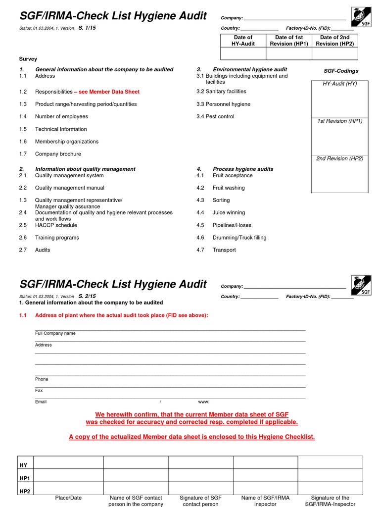 Hygiene Check List | PDF | Hygiene | Quality Management