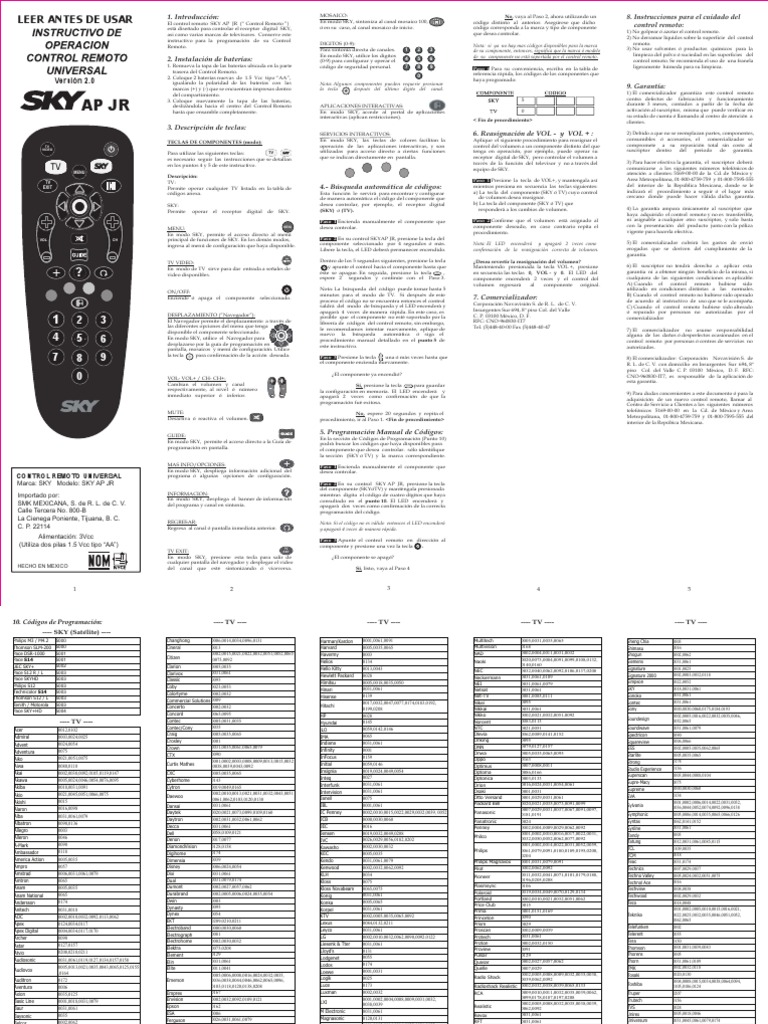 Manual de Control Remoto SKY AP JR | PDF | Control remoto | Televisión