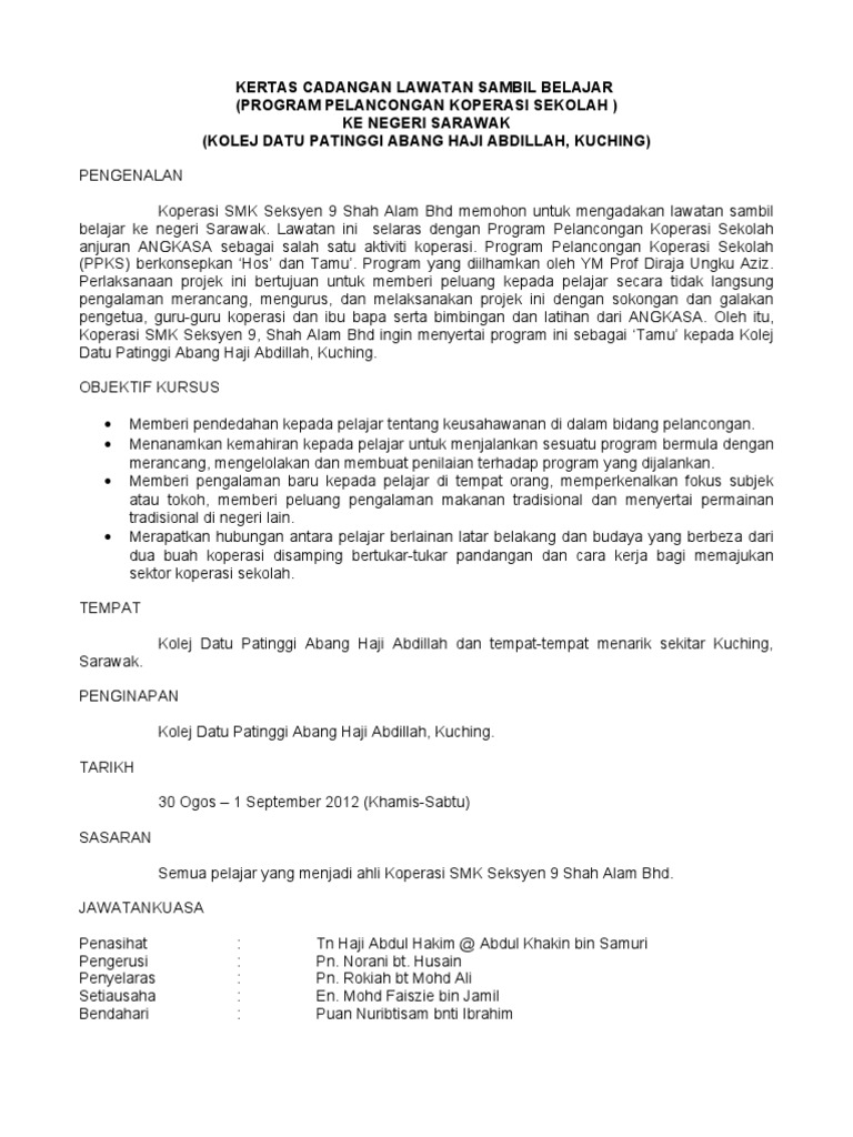 Kertas Cadangan Program Pelancongan Koperasi Sekolah Sarawak