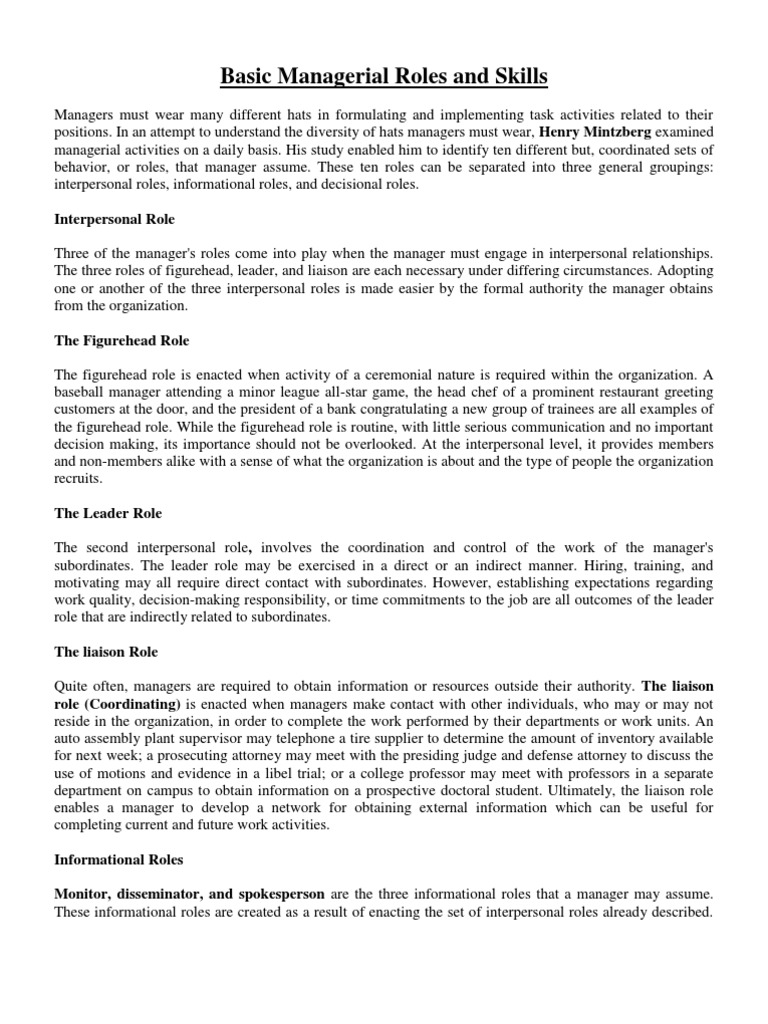 Basic Managerial Roles and Skills | Download Free PDF | Strategic ...