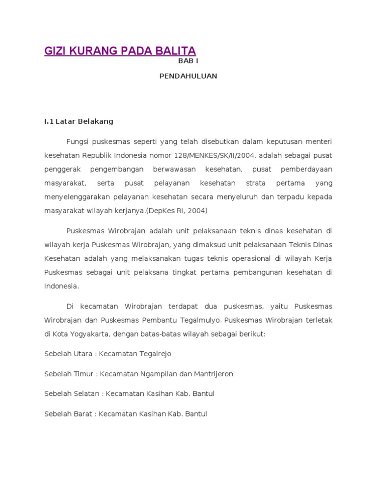 Laporan Pendahuluan Gizi Kurang Pada Balita Seputar Laporan