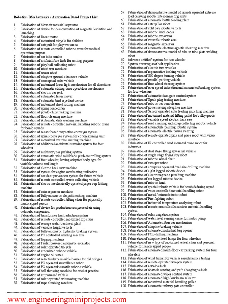 Robotics / Mechatronics / Automation Based Project List | PDF ...