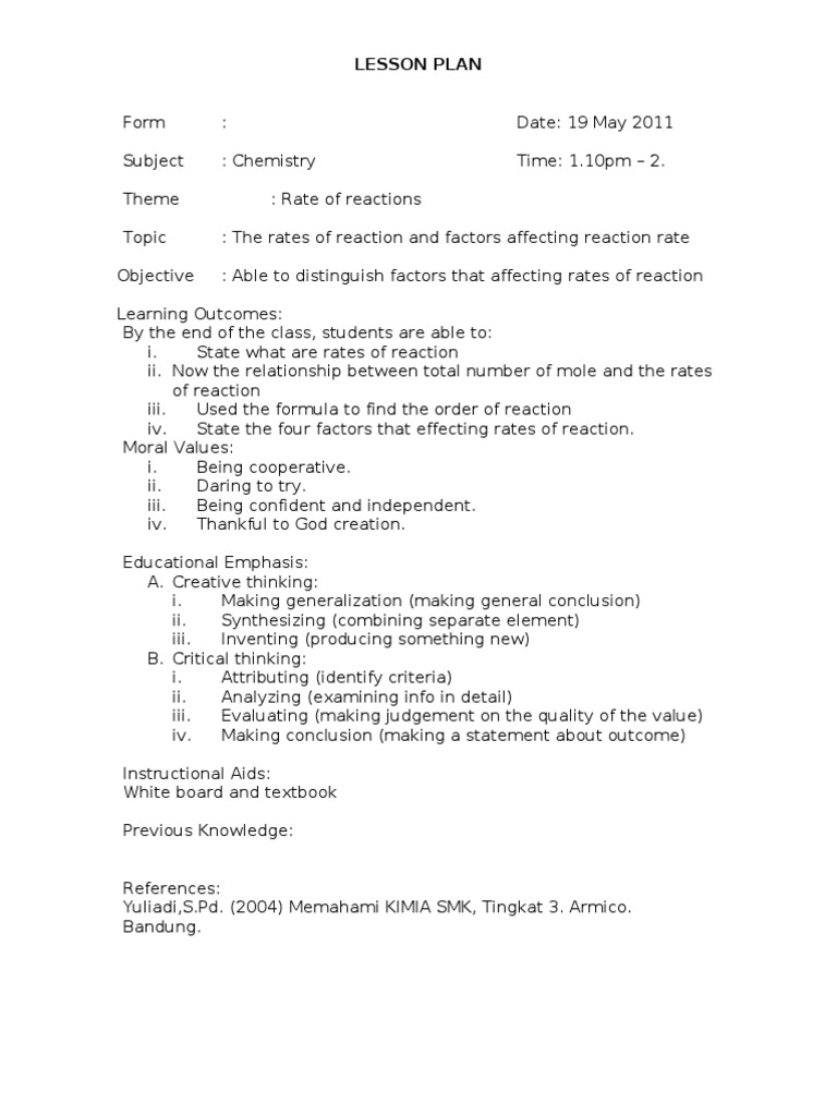 Factors Affecting Reaction Rates Lesson Plan | PDF | Reaction Rate ...