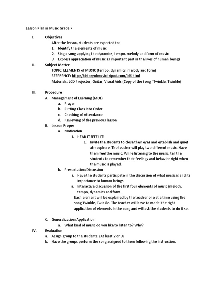 Lesson Plan in Music Grade 7