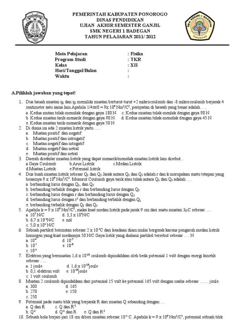 Soal Fisika Kelas XII Semester 1 (TKR) | PDF