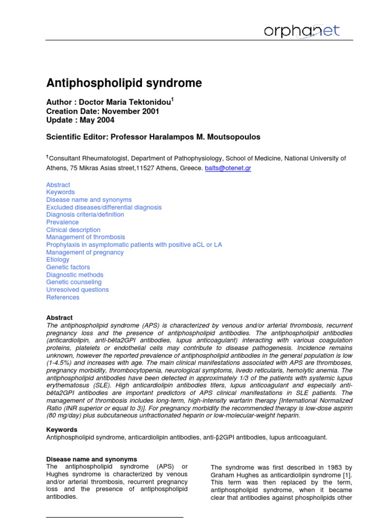 Antiphospholipid Syndrome | PDF | Thrombosis | Systemic Lupus Erythematosus