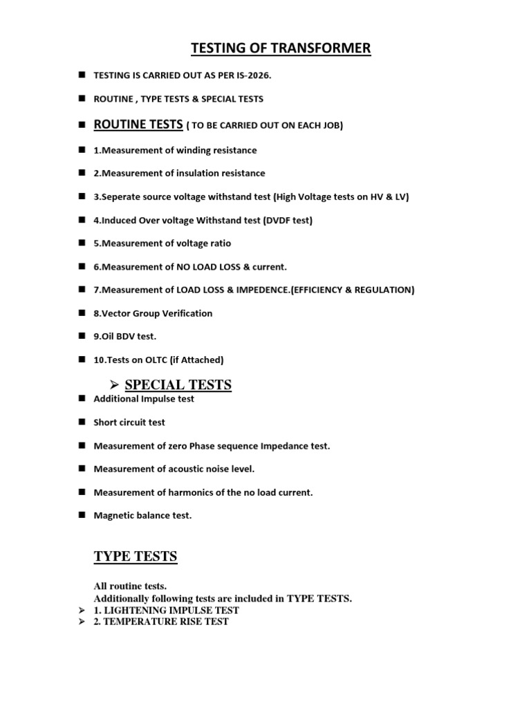 Transformer Testing Procedures | PDF | Computers | Technology & Engineering