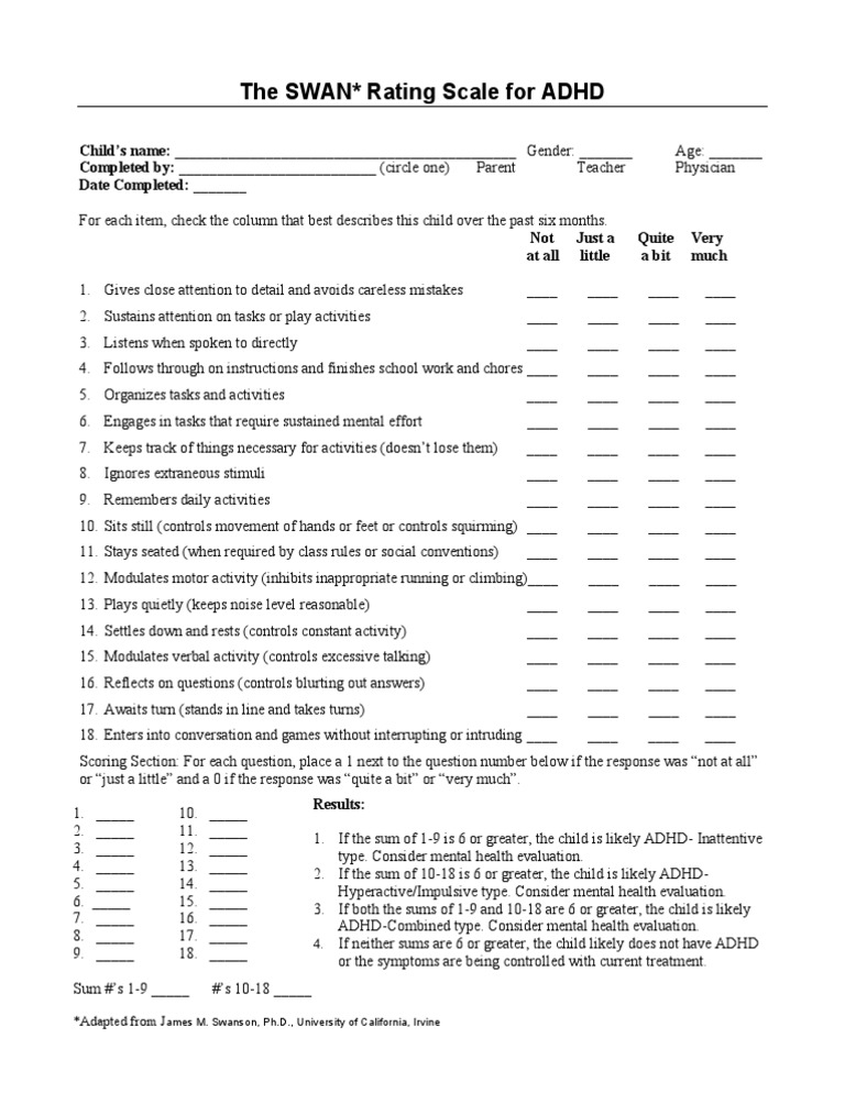 Swan Rating Scale Attention Deficit Hyperactivity Disorder Attention