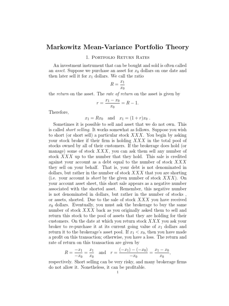 Markowitz Mean-Variance Portfolio Theory | PDF | Beta (Finance ...
