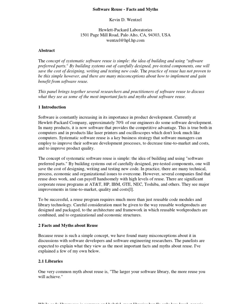 Software Reuse, Facts and Myths - K. Wentzel | PDF