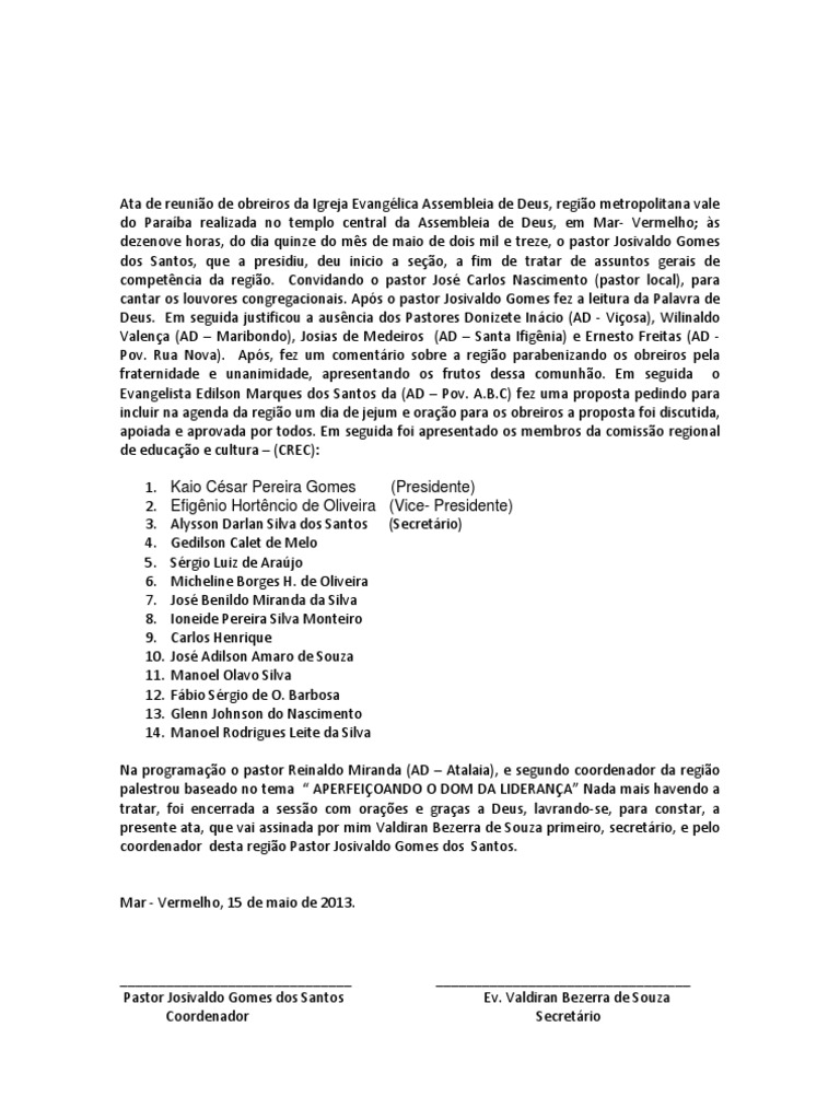 Ata de reunião de obreiros da Igreja Evangélica Assembleia de Deus