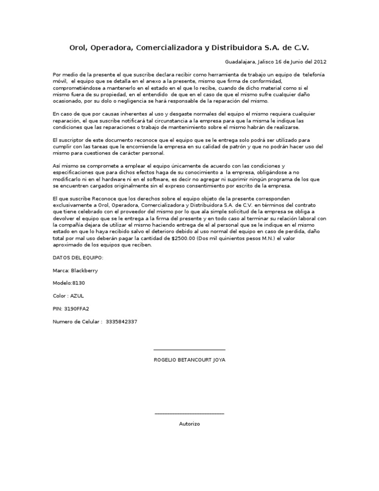 Carta Entrega De Equipo Celular - Sample Web m