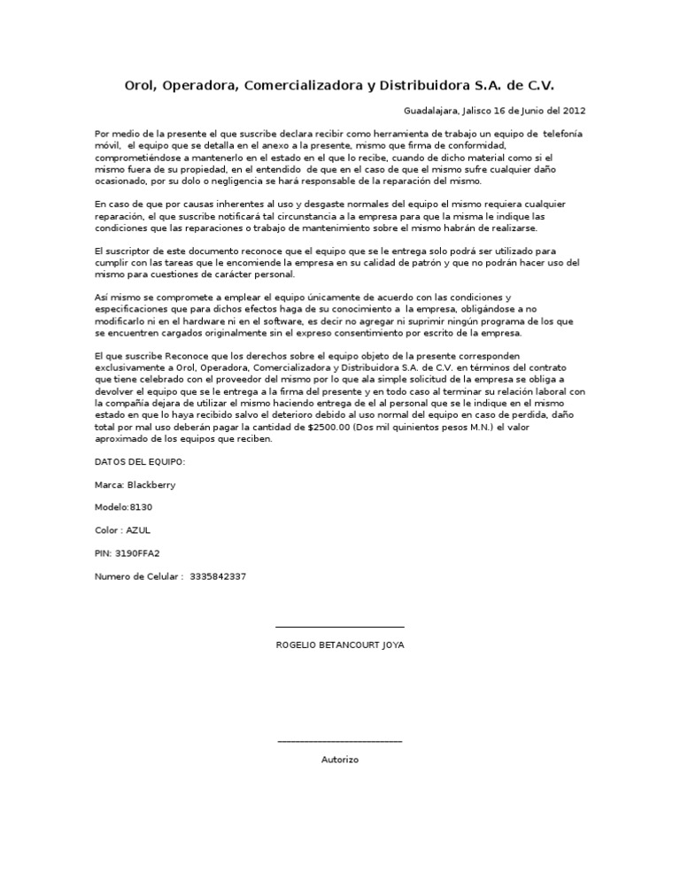 Carta Entrega De Equipo Celular  Sample Web m