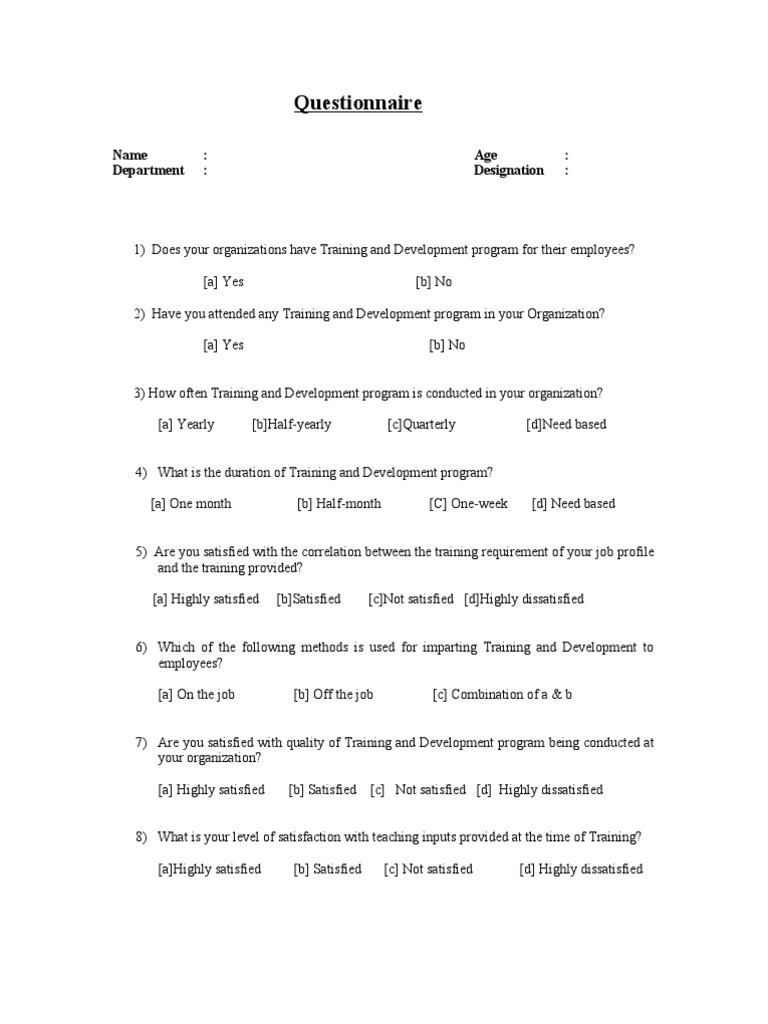Questionnaire: Name: Age: Department: Designation | PDF