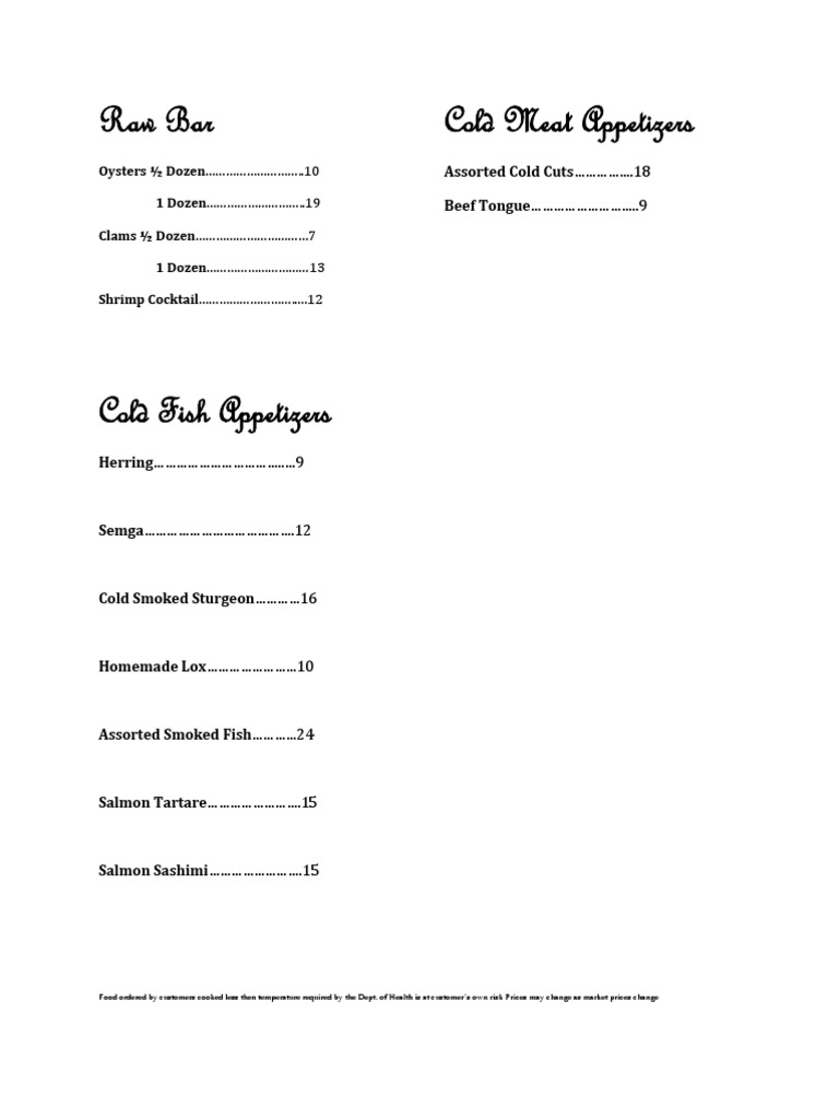 Raw Bar Menu and Seafood Offerings | PDF
