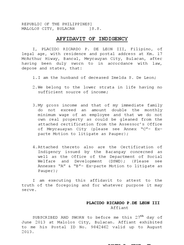 Affidavit Of Indigency Affidavit Common Law
