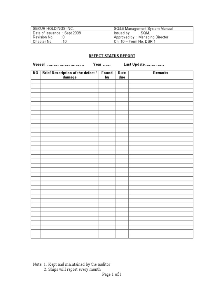 Defect Status Report Vessel Year Last Update NO Brief Description of ...