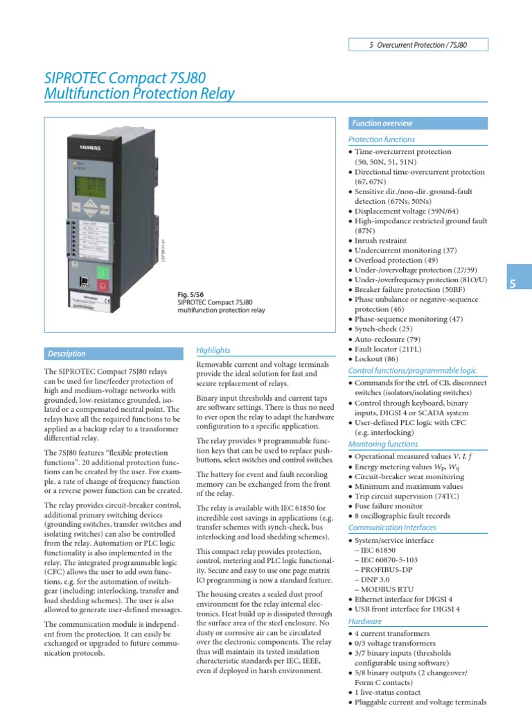 SIPROTEC 7SJ80x - Multifunction MV Relay | PDF | Relay | Switch