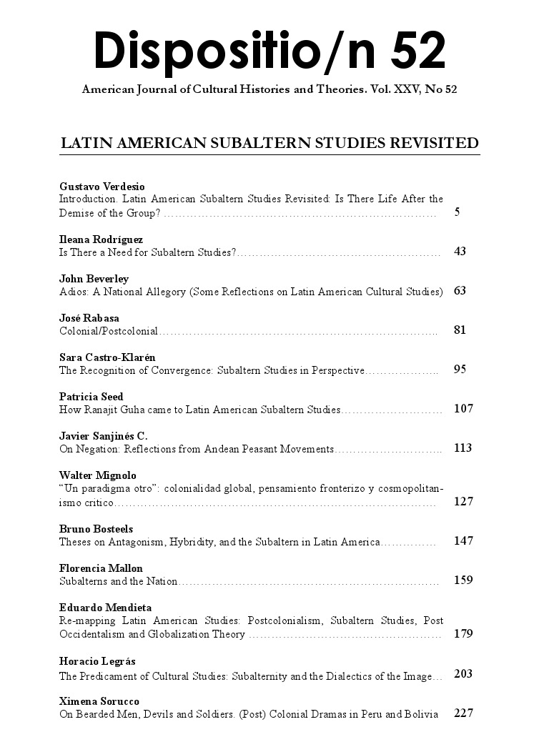 Dispositio Latin American Subaltern Studies Revisited Verdesio