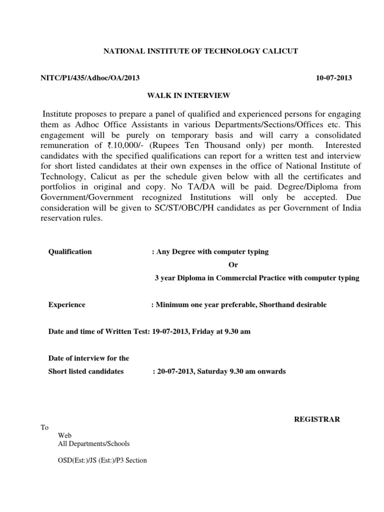 NIT Calicut Walk in Interview | PDF | Career & Growth