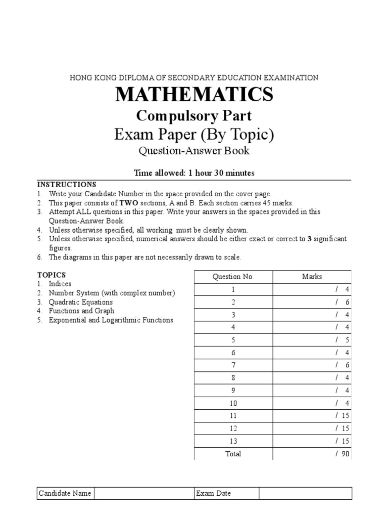 HKDSE Mathematics Exam Paper Guide | PDF | Quadratic Equation | Test ...