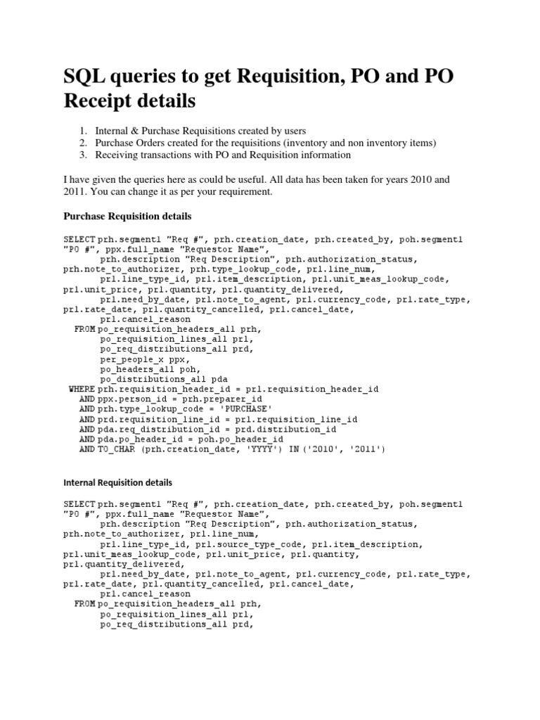 SQL Queries for Requisitions and POs | PDF | Sql | Application Software