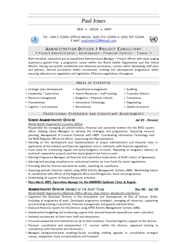 UN Project Administrator CV Sample | PDF | Internal Control | United ...