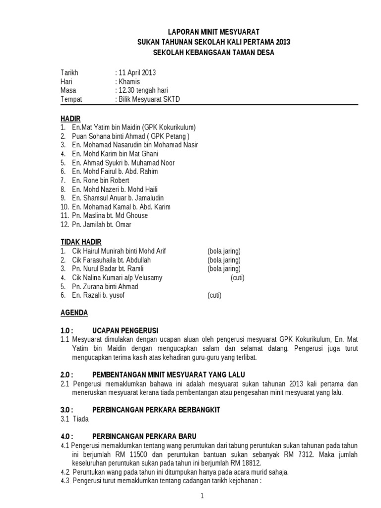 Minit Mesyuarat Sukan Kali Pertama 2013  PDF