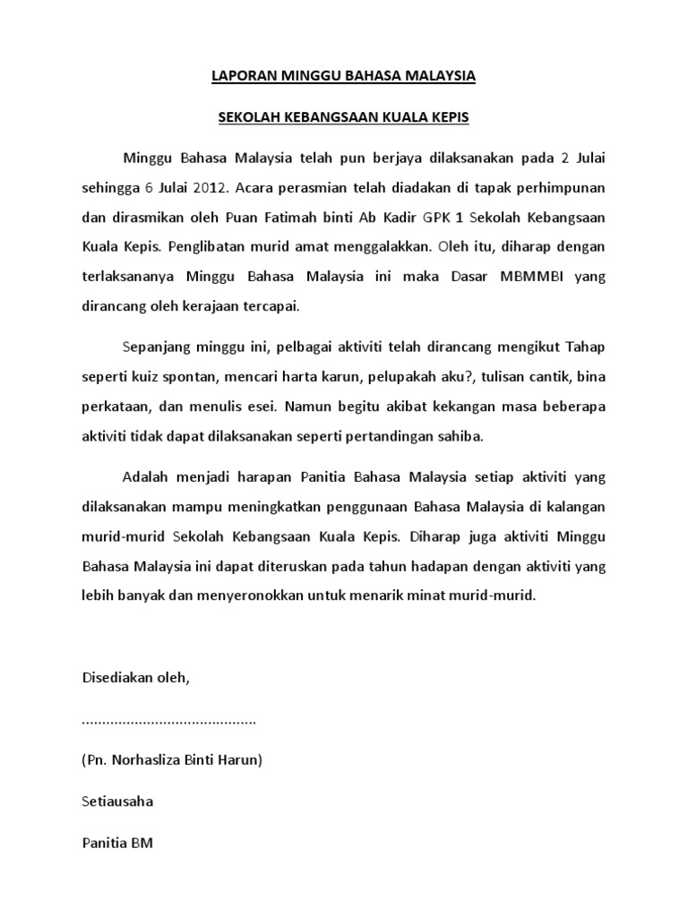 Laporan Minggu Bahasa Melayu / Contoh Karangan Laporan Minggu Bahasa