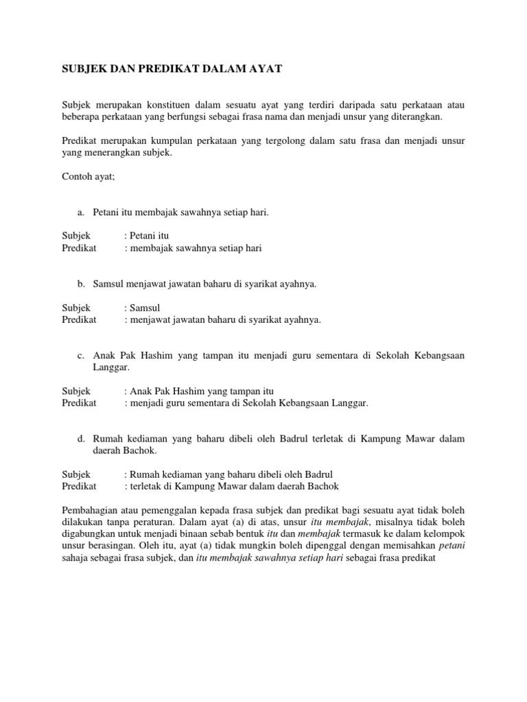 Subjek Dan Predikat Dalam Ayat Pdf