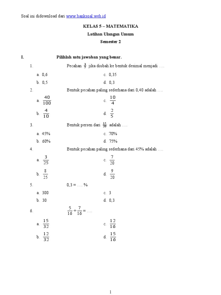 Soal Kelas 5 Sd Ulangan Umum Semester Ii Matematika