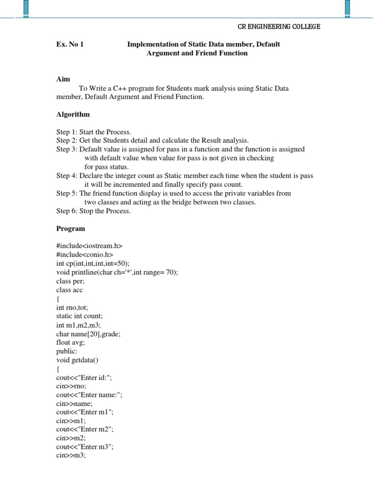 Ex. No 1 Implementation of Static Data Member, Default Argument and ...