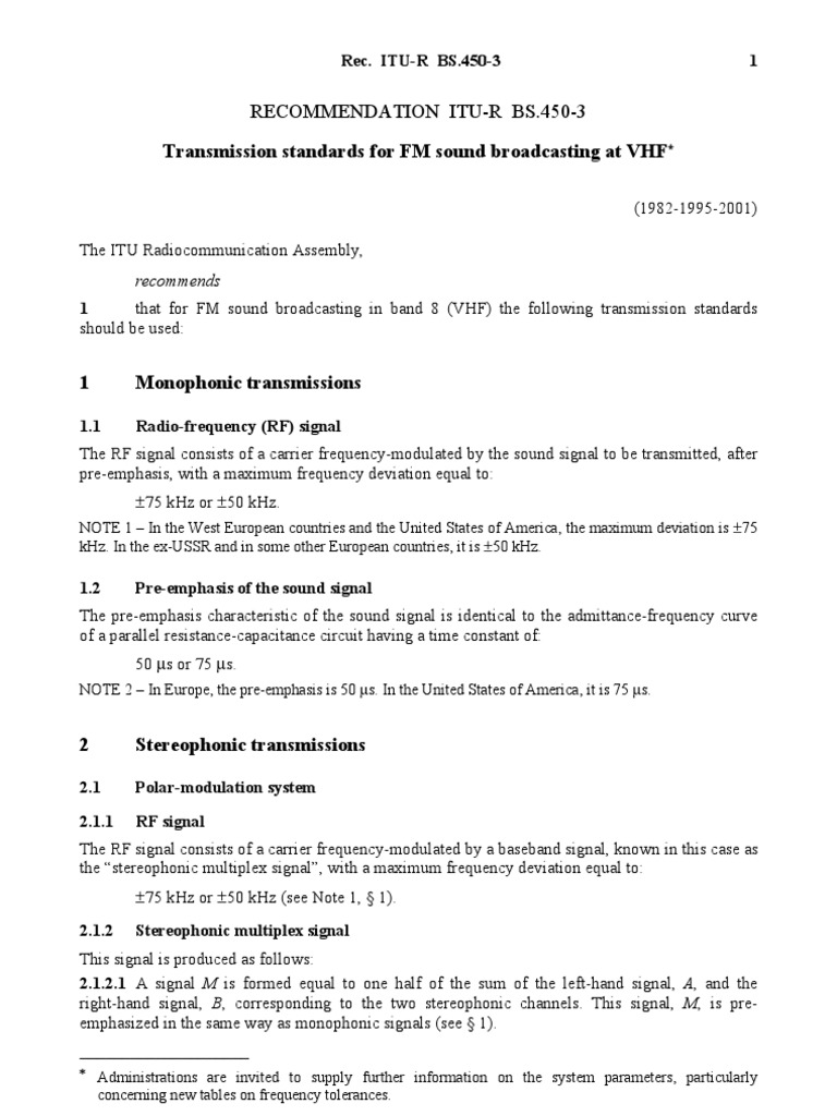 Transmission Standards For FM Sound Broadcasting at VHF: Recommendation ...