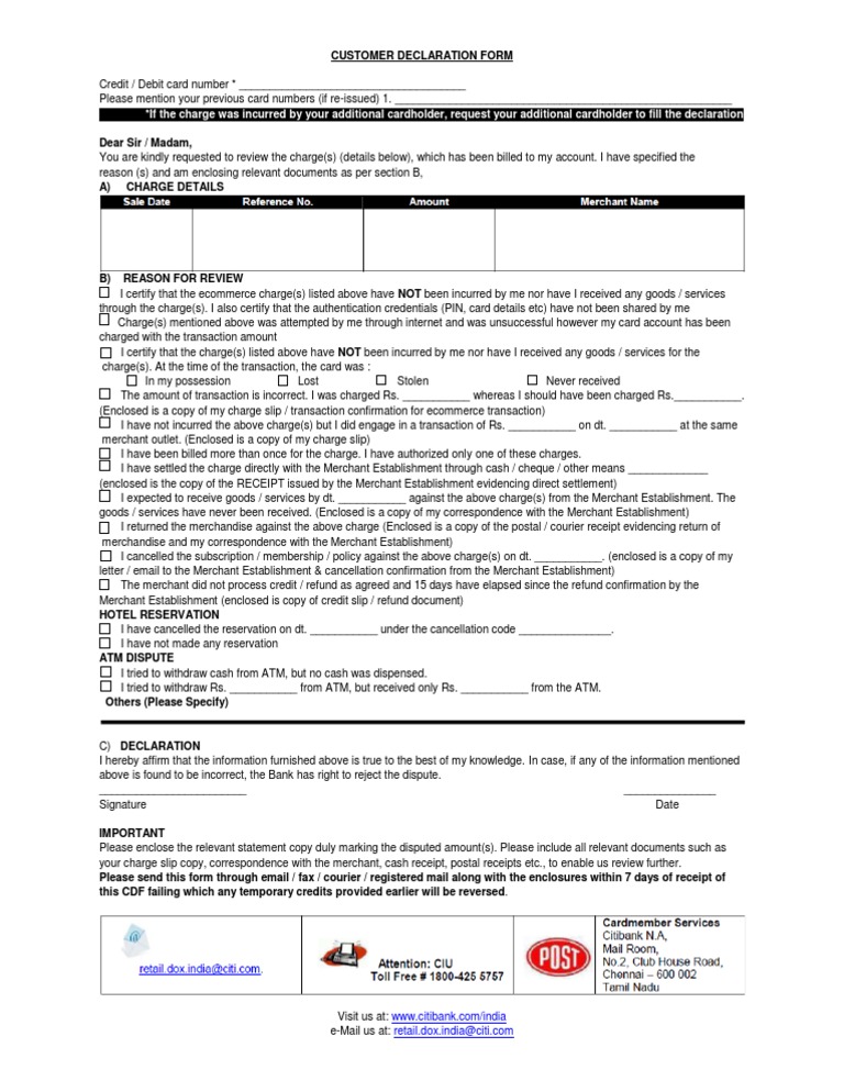 Card Member Declaration Form Final1 Financial Transaction Mail