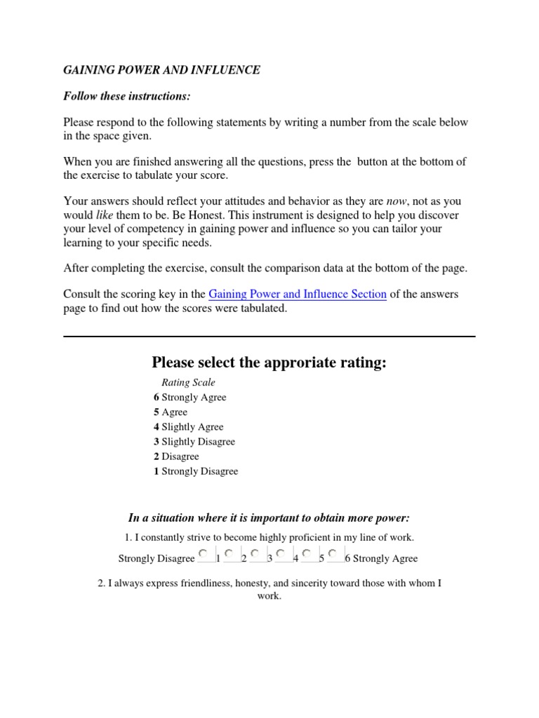 Power and Influence Assessment Tool | PDF | Negotiation | Educational ...