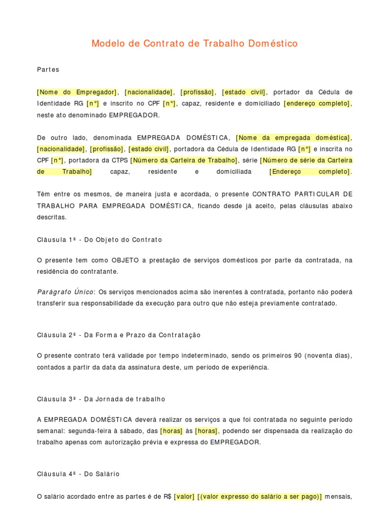 Modelo De Contrato De Trabalho Doméstico Partes