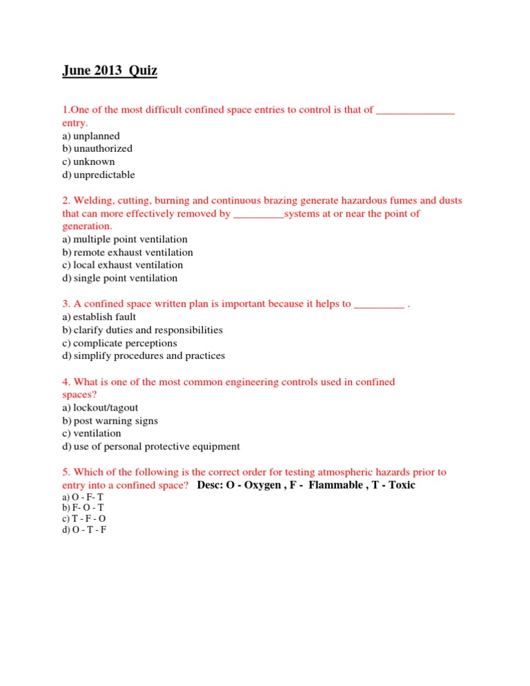 Health and safety quiz Multiple type questions